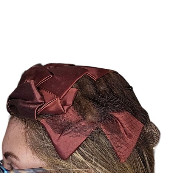 1950s Small Hat Brown Fur Fabric Bow Netting Rust Orange Organza Housewife - Picture 3 of 11